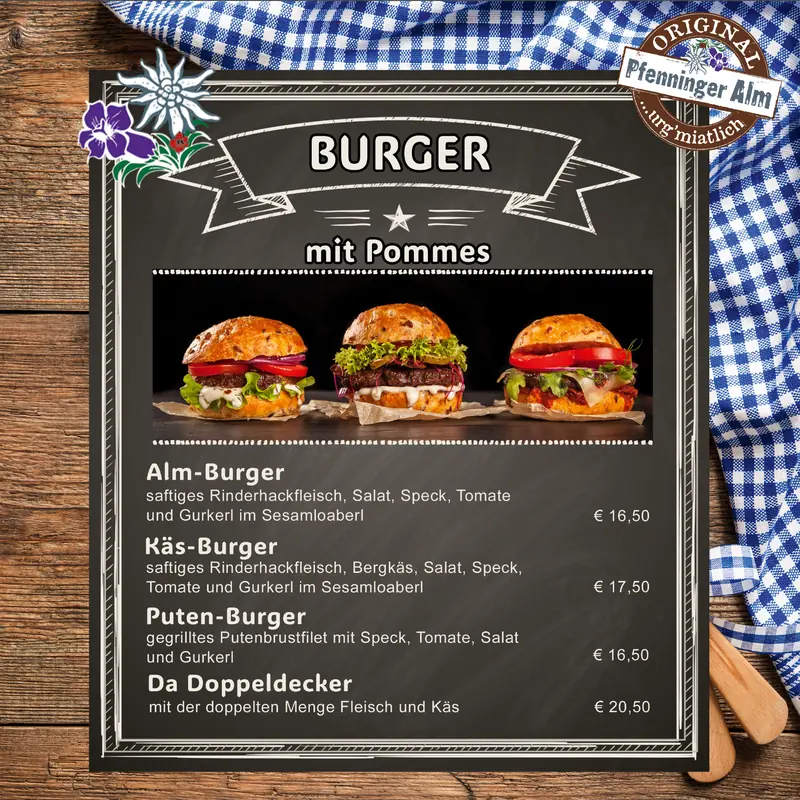Original-Burgerkarte der Pfenninger Alm